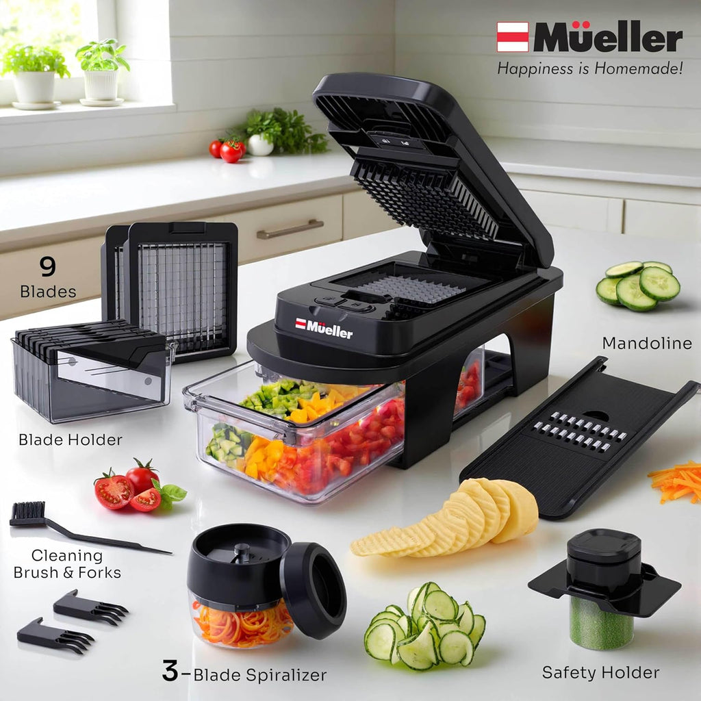 Mueller Pro-Series All-in-One, 12 Blade Mandoline Slicer for Kitchen, Food Chopper, Vegetable Slicer and Spiralizer, Cutter, Dicer, Grater, Kitchen Gadgets Sets with Container, White Sand/Gray
