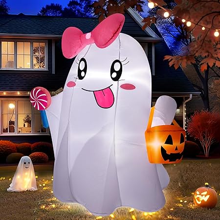 5FT Halloween Inflatables Ghost, Cute Halloween Decorations Outdoor Blow Up Yard Decorations with Built-in Bright LED Lights Pumpkin Lollipop Bow Blow-ups for Indoor Outdoor Holiday Party