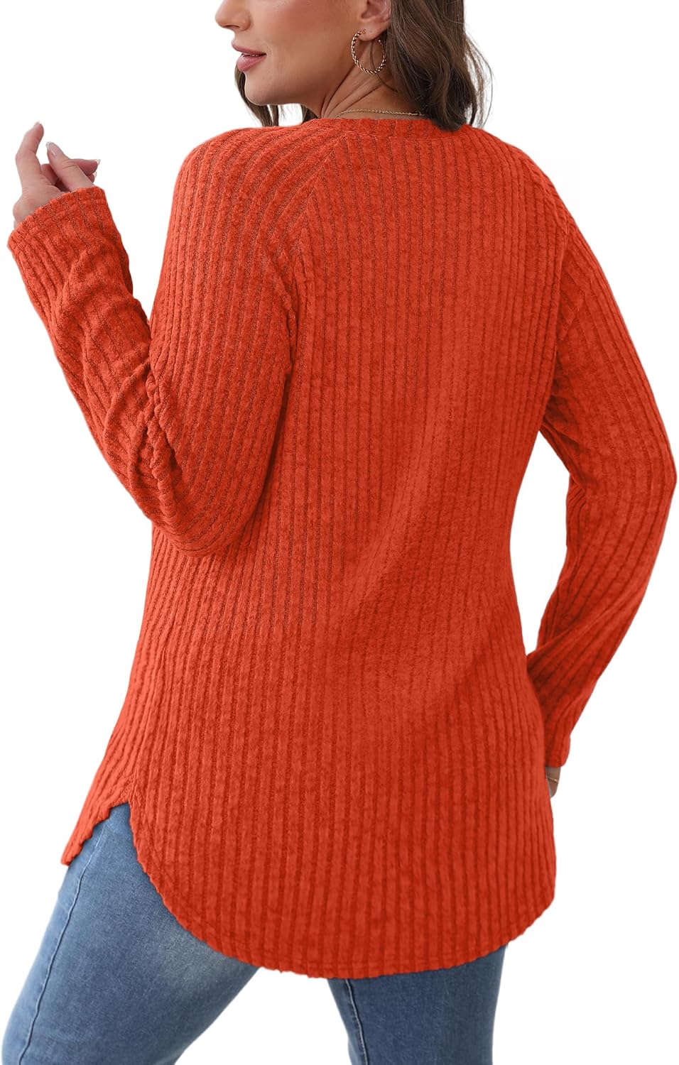 Saloogoe Long Sleeve Shirts for Women 2025 Fall Clothes Tunic Tops Loose Fit Dressy Crewneck Pullover Sweaters Curved Hem