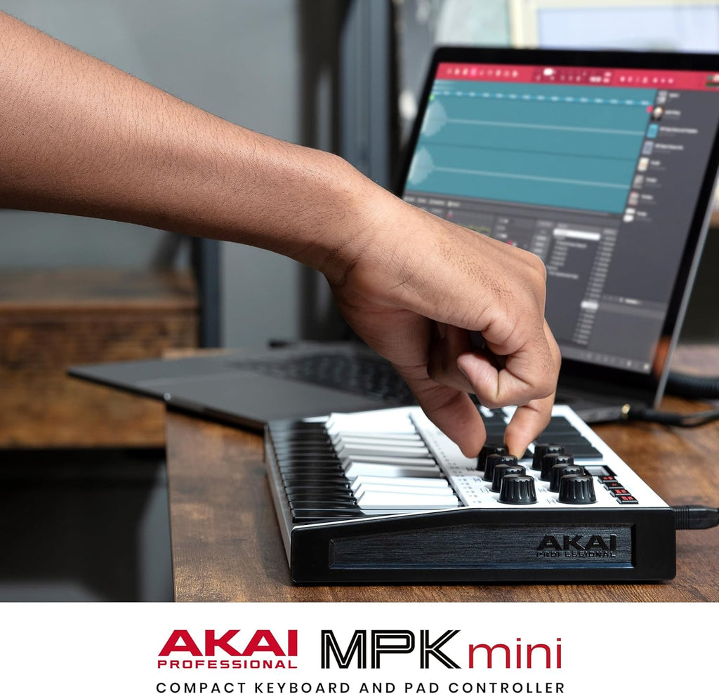 Akai Professional MPK Mini MK3 - 25 Key USB MIDI Keyboard Controller With 8 Backlit Drum Pads, 8 Knobs, Music Production Software and Native Instruments Sound Package (NKS Integration)