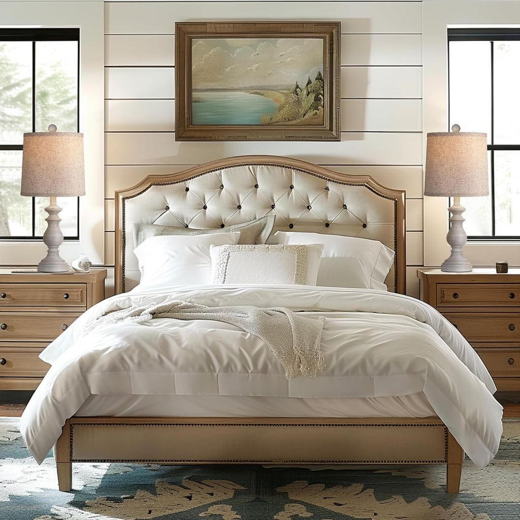 PARTPHONER Traditional Table Lamp Set of 2, Rustic Farmhouse Table Lamps for Living Room Bedroom, 22" Bedside Desk Lamps Vintage Nightstand Lamps with Linen Shades, Antique Grey