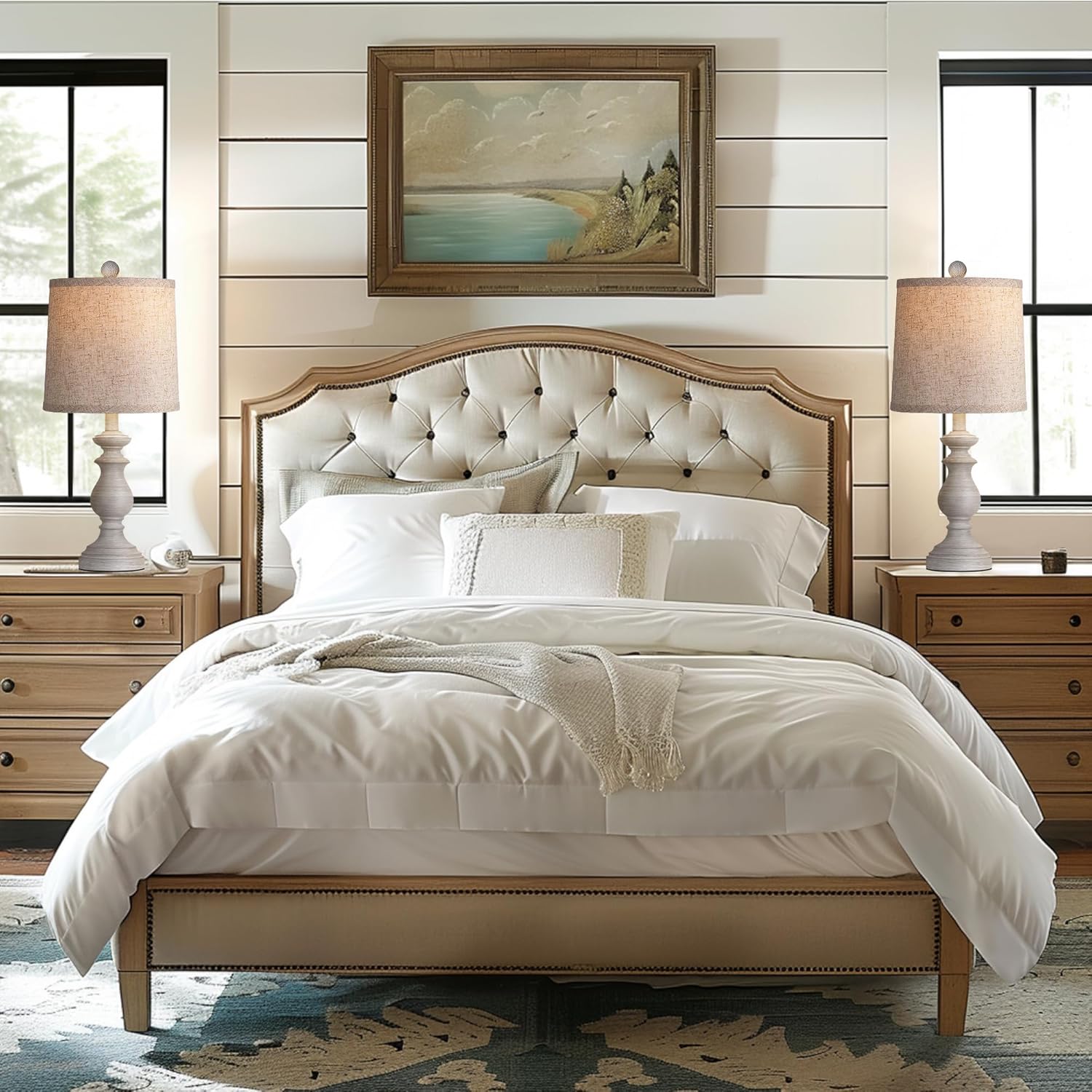 PARTPHONER Traditional Table Lamp Set of 2, Rustic Farmhouse Table Lamps for Living Room Bedroom, 22" Bedside Desk Lamps Vintage Nightstand Lamps with Linen Shades, Antique Grey