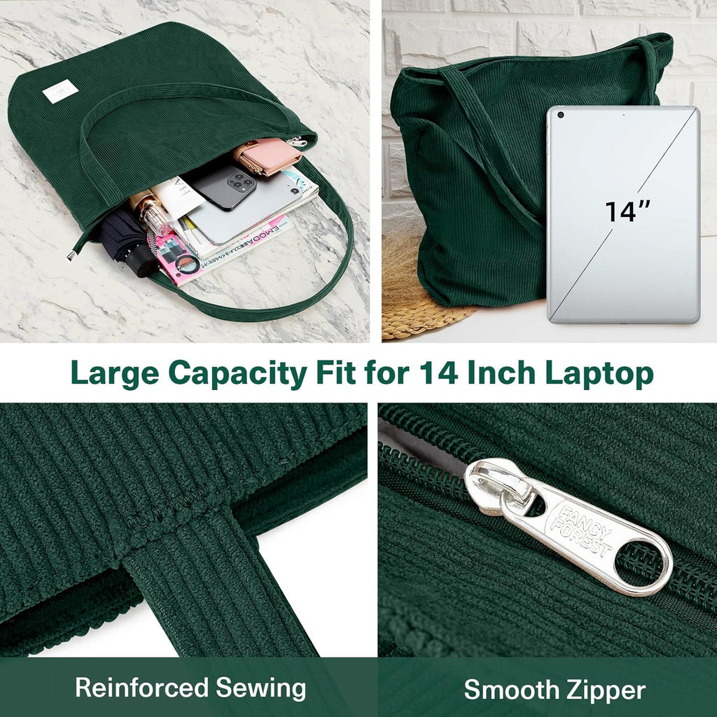 KALIDI Women Corduroy Tote Bag Zipper Casual Tote's Handbag Big Capacity Shoulder Bag with Pockets