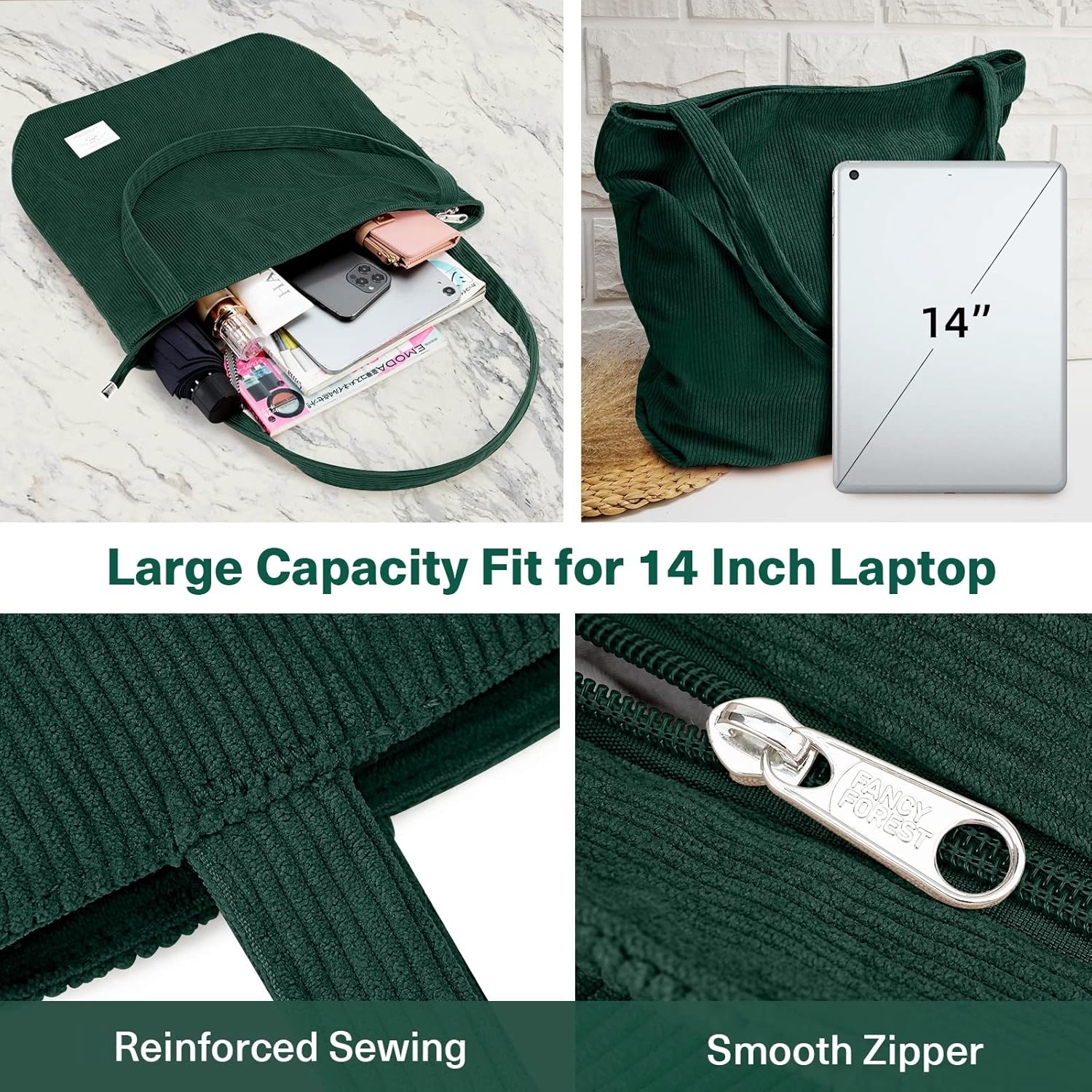 KALIDI Women Corduroy Tote Bag Zipper Casual Tote's Handbag Big Capacity Shoulder Bag with Pockets