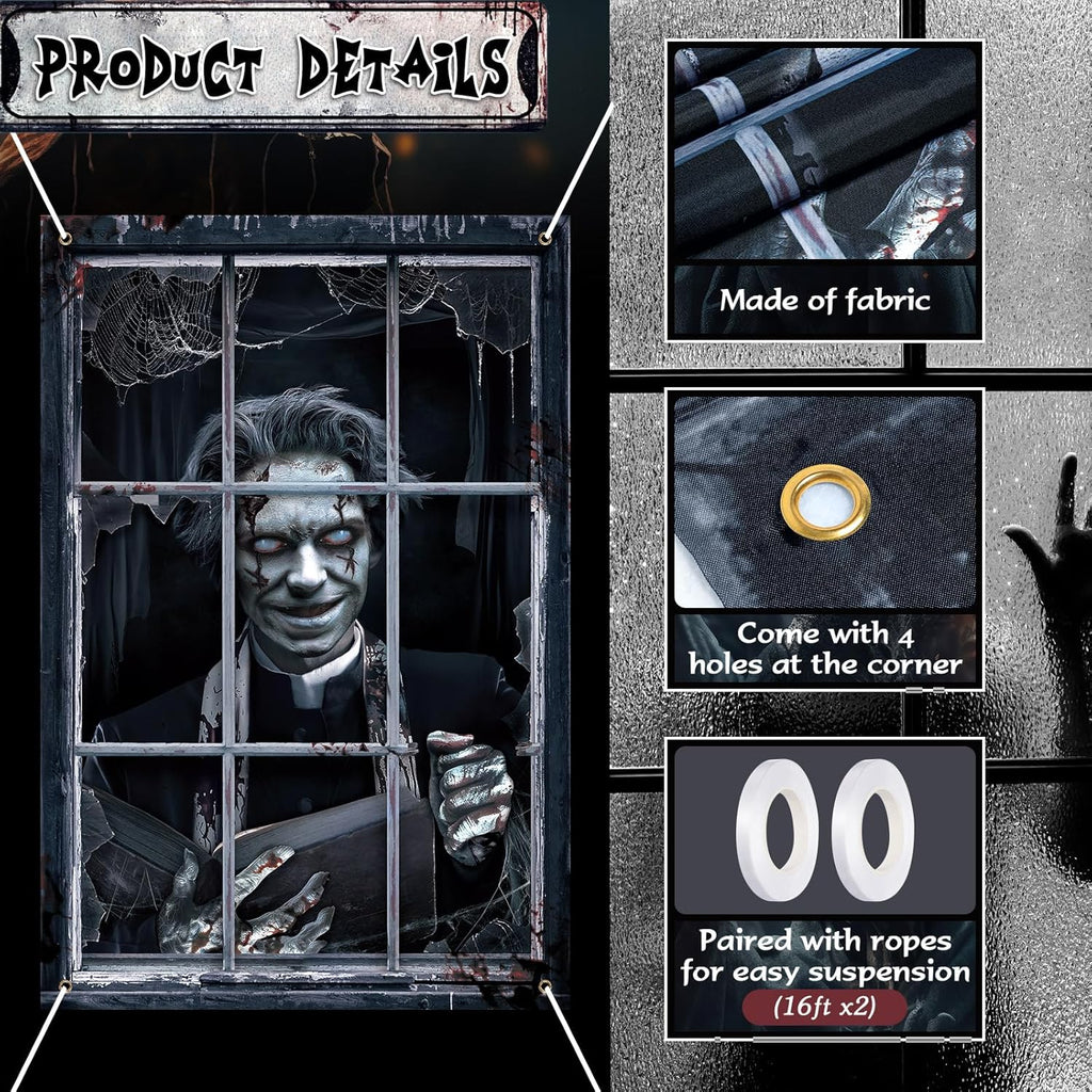 2 Pcs Halloween Clown Scary Curtain Halloween Window Silhouette Decoration Blood Ghost Window Cover Horror Theme Window Poster for Indoor Outdoor Party Wall Garage Door Decor