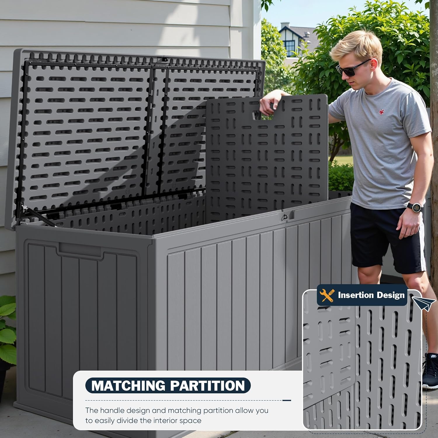 Greesum 31 Gallon Resin Deck Box Large Outdoor Storage for Patio Furniture, Garden Tools, Pool Supplies, Weatherproof and UV Resistant, Lockable, Dark Black