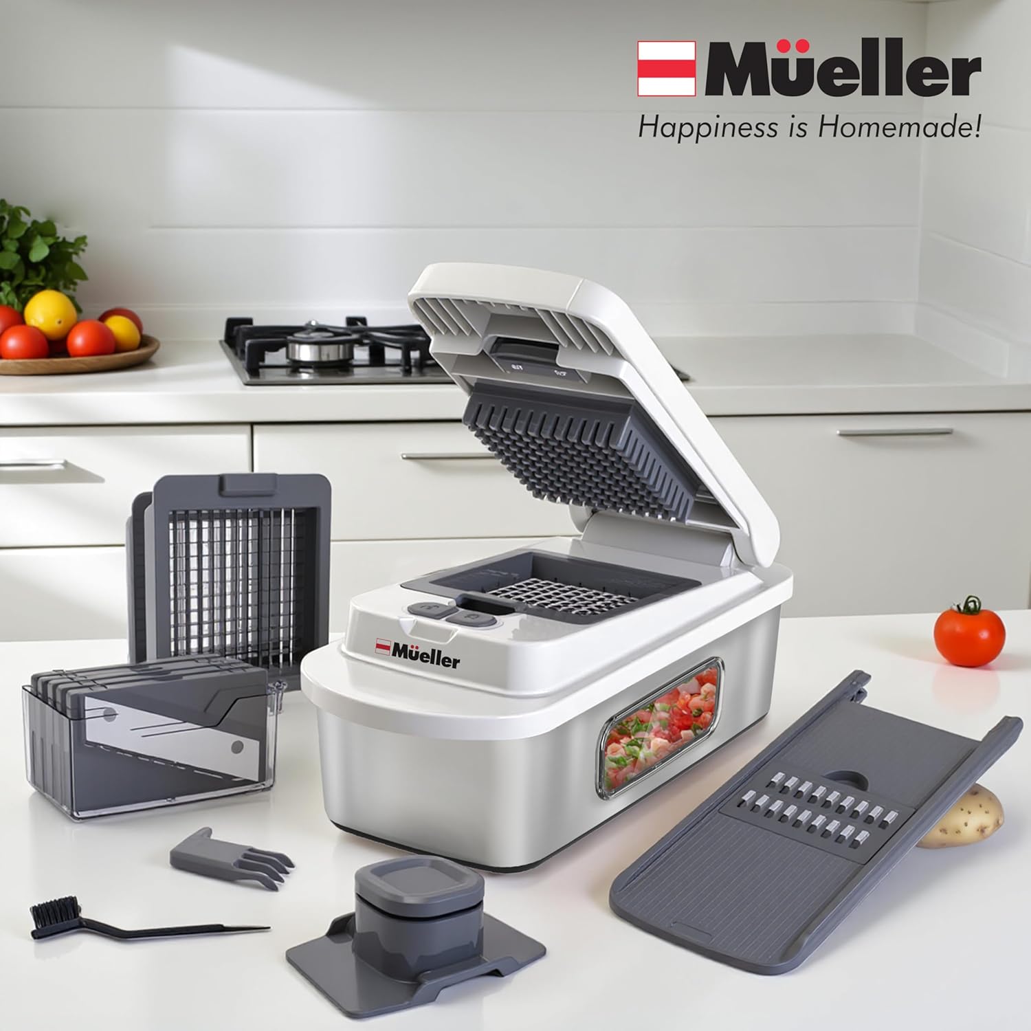 Mueller Pro-Series All-in-One, 12 Blade Mandoline Slicer for Kitchen, Food Chopper, Vegetable Slicer and Spiralizer, Cutter, Dicer, Grater, Kitchen Gadgets Sets with Container, White Sand/Gray