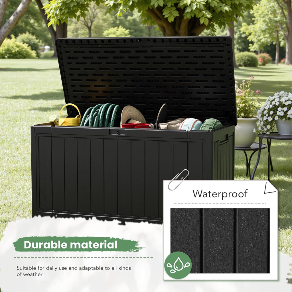 Greesum 31 Gallon Resin Deck Box Large Outdoor Storage for Patio Furniture, Garden Tools, Pool Supplies, Weatherproof and UV Resistant, Lockable, Dark Black