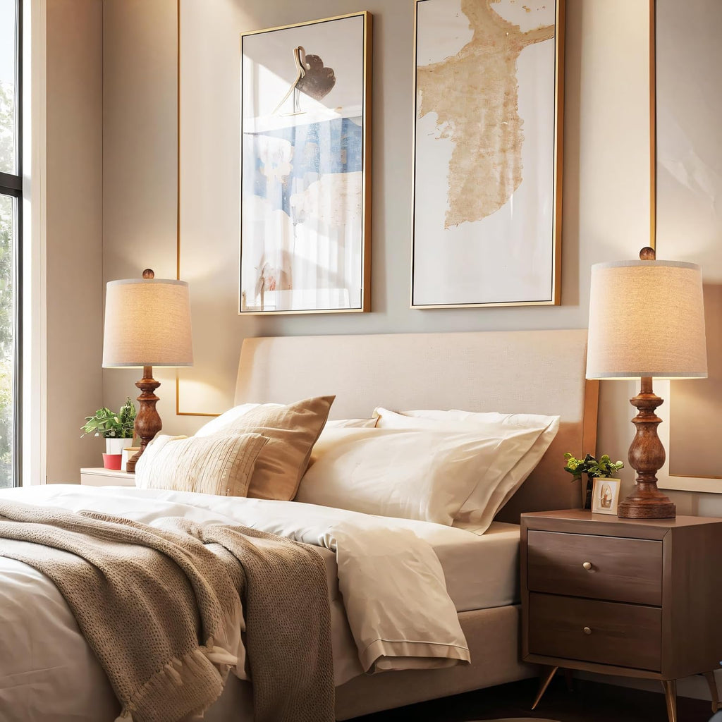 PARTPHONER Traditional Table Lamp Set of 2, Rustic Farmhouse Table Lamps for Living Room Bedroom, 22" Bedside Desk Lamps Vintage Nightstand Lamps with Linen Shades, Antique Grey