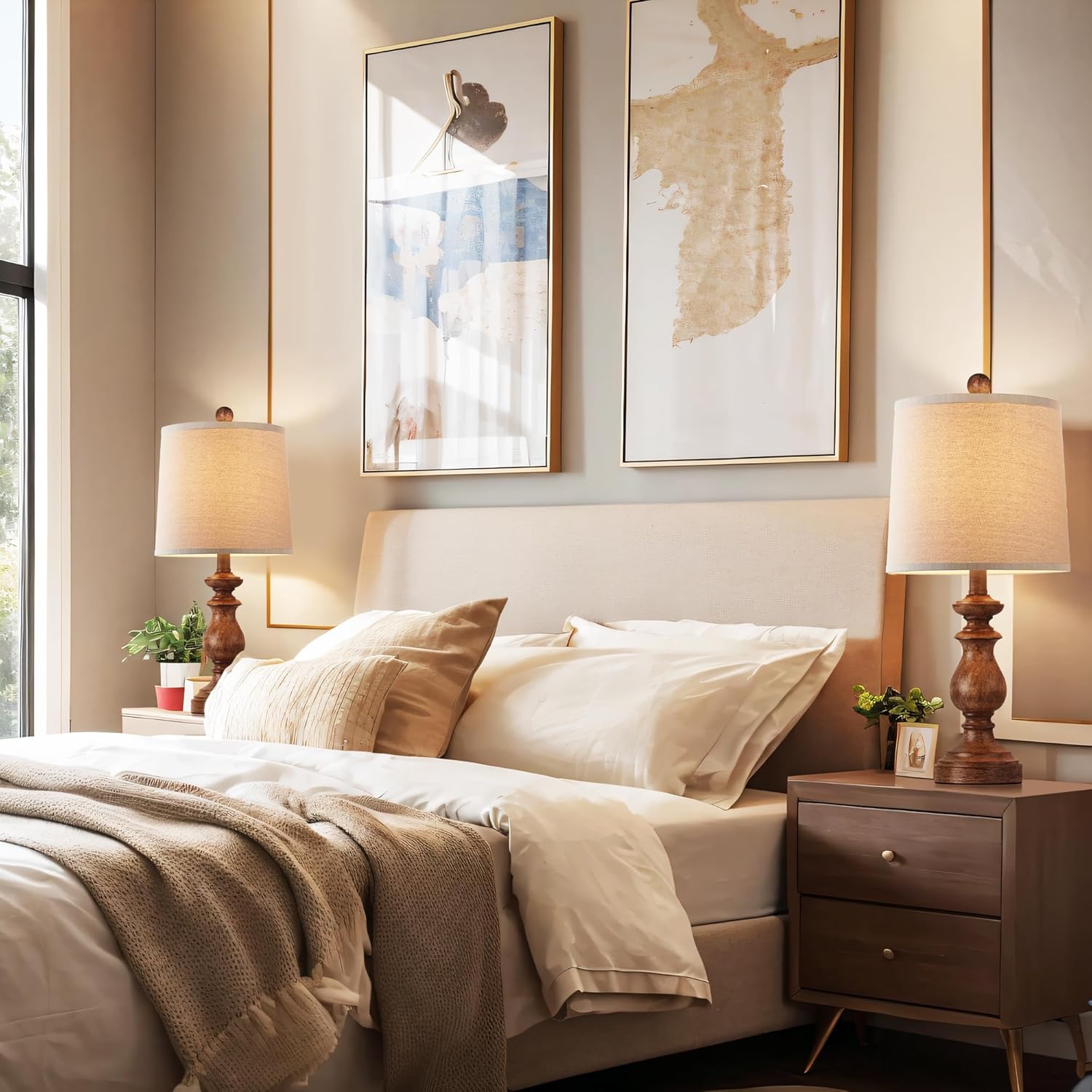 PARTPHONER Traditional Table Lamp Set of 2, Rustic Farmhouse Table Lamps for Living Room Bedroom, 22" Bedside Desk Lamps Vintage Nightstand Lamps with Linen Shades, Antique Grey