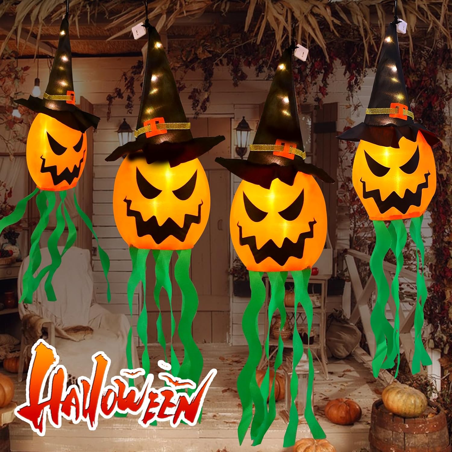 Halloween Decorations Outdoor Halloween Decor Hanging Outdoor String Lights Glowing Ghost Witch Hat Halloween Decorations Indoor Ornaments Halloween Lights for Home Tree Garden Yard (4Pcs)
