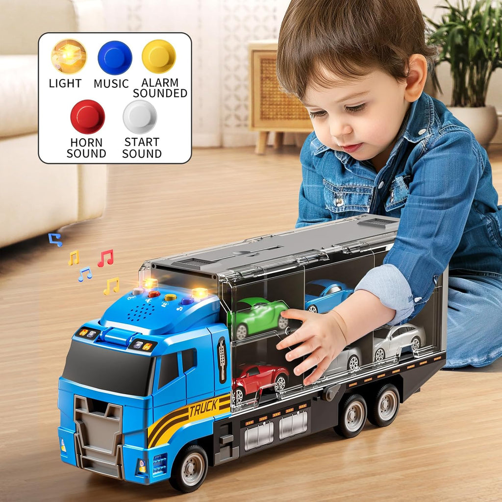 Toddler Boys Construction Truck Vehicle Toy Set with Play Mat and Die-Cast Toy Car, Transport Carrier Truck for Kids 3-5, Birthday Gifts Toys for 3-8 Year Old Boys