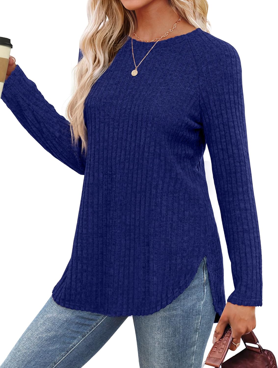 Saloogoe Long Sleeve Shirts for Women 2025 Fall Clothes Tunic Tops Loose Fit Dressy Crewneck Pullover Sweaters Curved Hem
