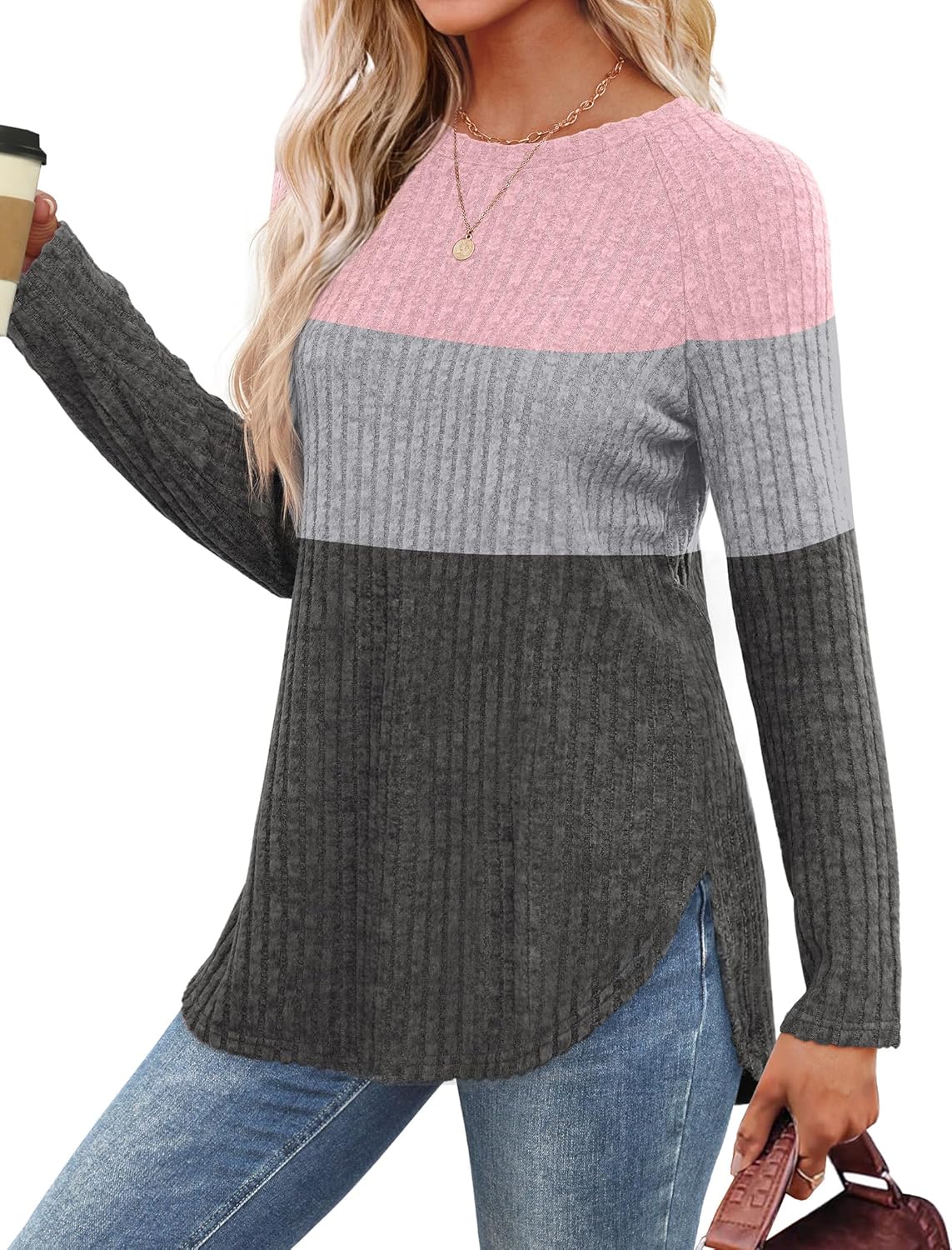 Saloogoe Long Sleeve Shirts for Women 2025 Fall Clothes Tunic Tops Loose Fit Dressy Crewneck Pullover Sweaters Curved Hem