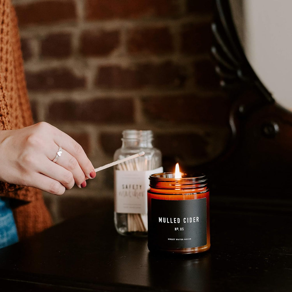 Sweet Water Decor Hello Fall Soy Candles - Fall Candle with Hot Cider, Cinnamon, Cloves, and Nutmeg Scent for Home - Soy Candle with 40 Hours Burn Time - 9Oz Black Lid Amber Jar Candles Fall Scents