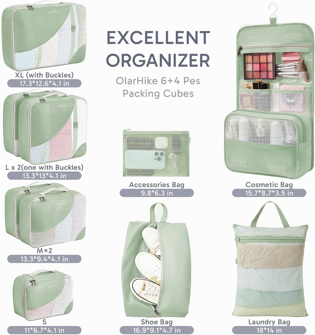 10 Set/8 Set Packing Cubes for Travel, Gifts for Women Mom,Anti-Tearing Suitcase Organizer for Luggage with Shoe & Hanging Toiletry Bag,OlarHike Vacation Essentials & Accessories for Cruise Ship,Cream