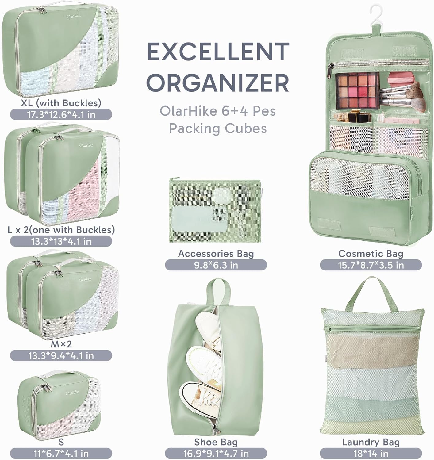 10 Set/8 Set Packing Cubes for Travel, Gifts for Women Mom,Anti-Tearing Suitcase Organizer for Luggage with Shoe & Hanging Toiletry Bag,OlarHike Vacation Essentials & Accessories for Cruise Ship,Cream