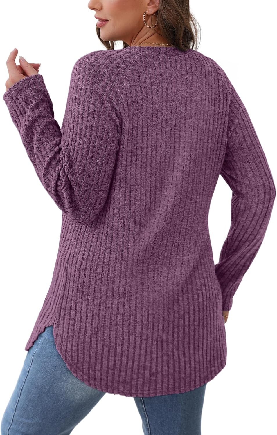 Saloogoe Long Sleeve Shirts for Women 2025 Fall Clothes Tunic Tops Loose Fit Dressy Crewneck Pullover Sweaters Curved Hem