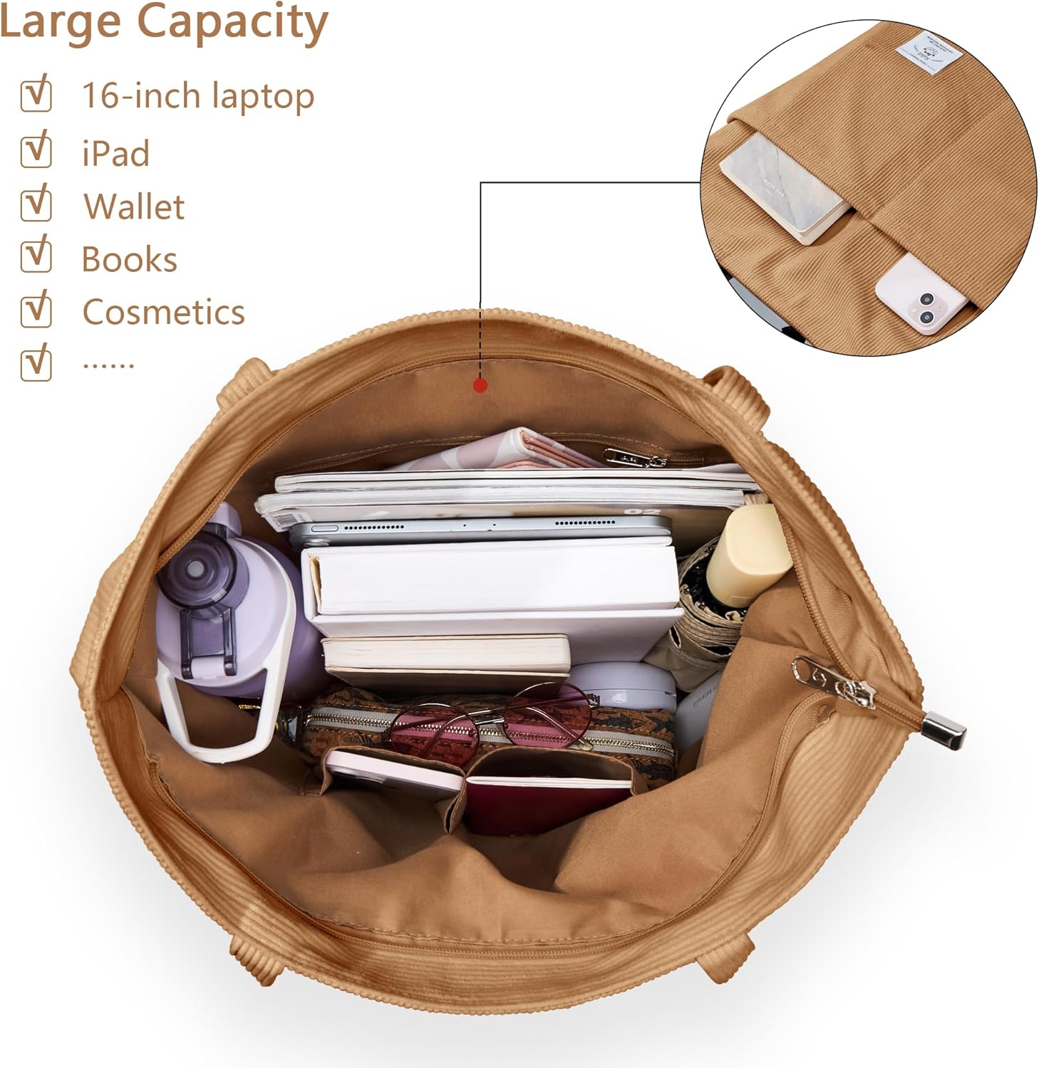 KALIDI Women Corduroy Tote Bag Zipper Casual Tote's Handbag Big Capacity Shoulder Bag with Pockets