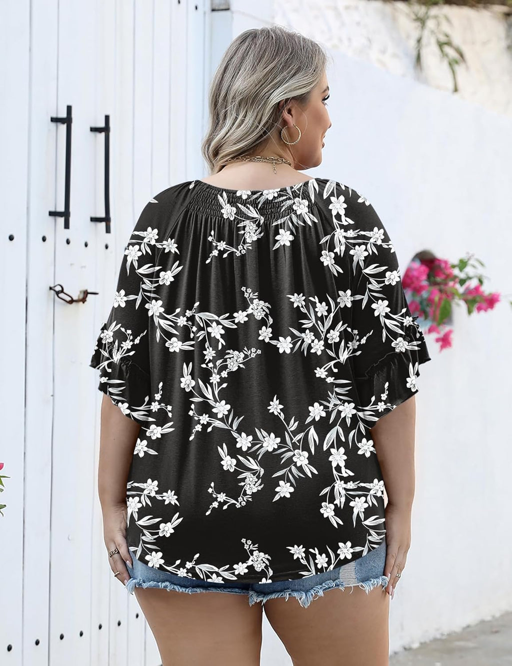 Micoson Womens Plus Size Tops 3/4 Ruffle Sleeve Shirts Crewneck Pleated Blouses Dressy Casual Fashion Tunic Top (1X-5X)