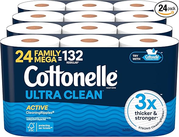 Cottonelle Ultra Clean Toilet Paper with Active CleaningRipples Texture, Strong Bath Tissue, 24 Family Mega Rolls = 132 Regular Rolls (4 Packs of 6)