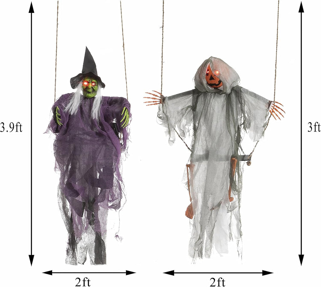 JOYIN 2 Pcs Halloween Hanging Swinging Ghosts Decorations Outdoor, Halloween Scary Decor with Lighted Up Eyes, Creepy Swinging Skeleton Flying Props for Yard Patio Lawn Garden