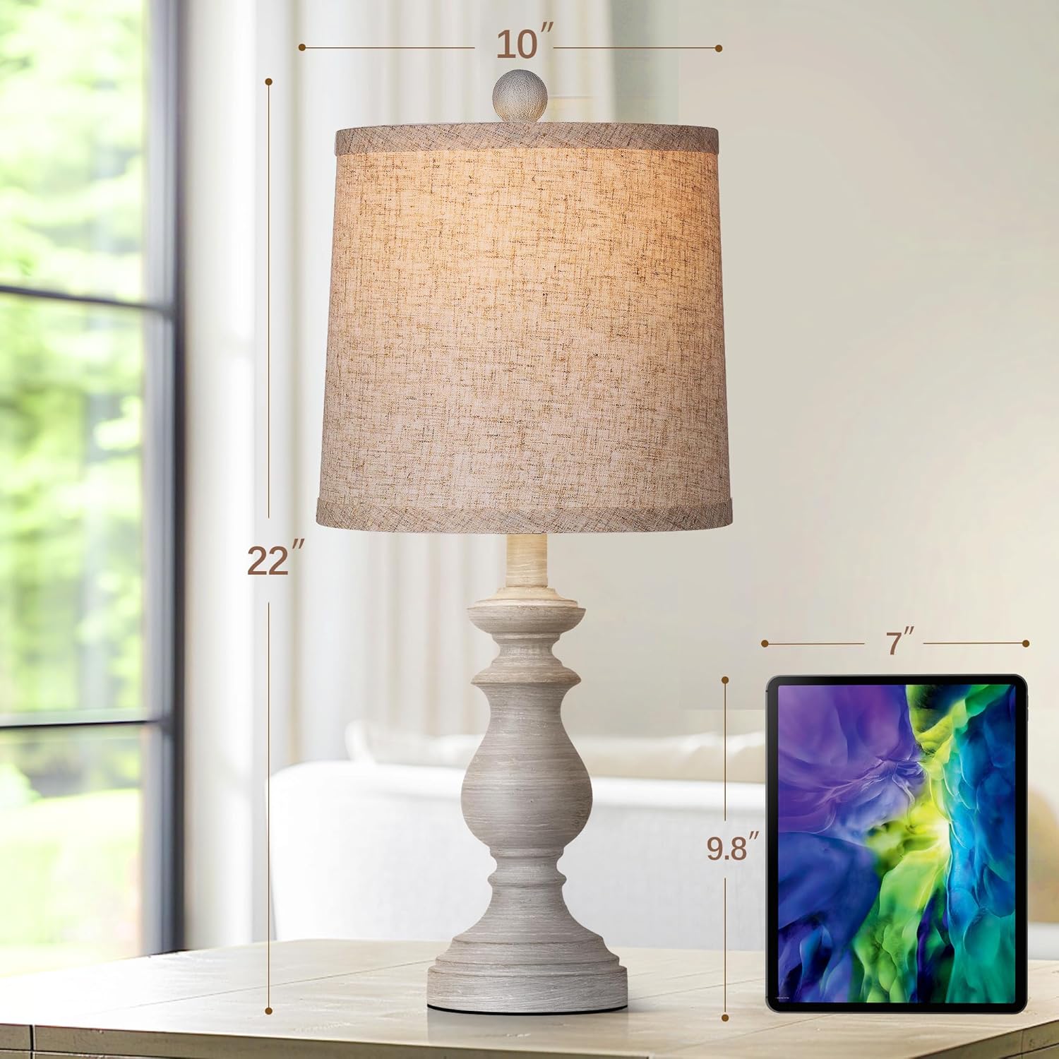 PARTPHONER Traditional Table Lamp Set of 2, Rustic Farmhouse Table Lamps for Living Room Bedroom, 22" Bedside Desk Lamps Vintage Nightstand Lamps with Linen Shades, Antique Grey