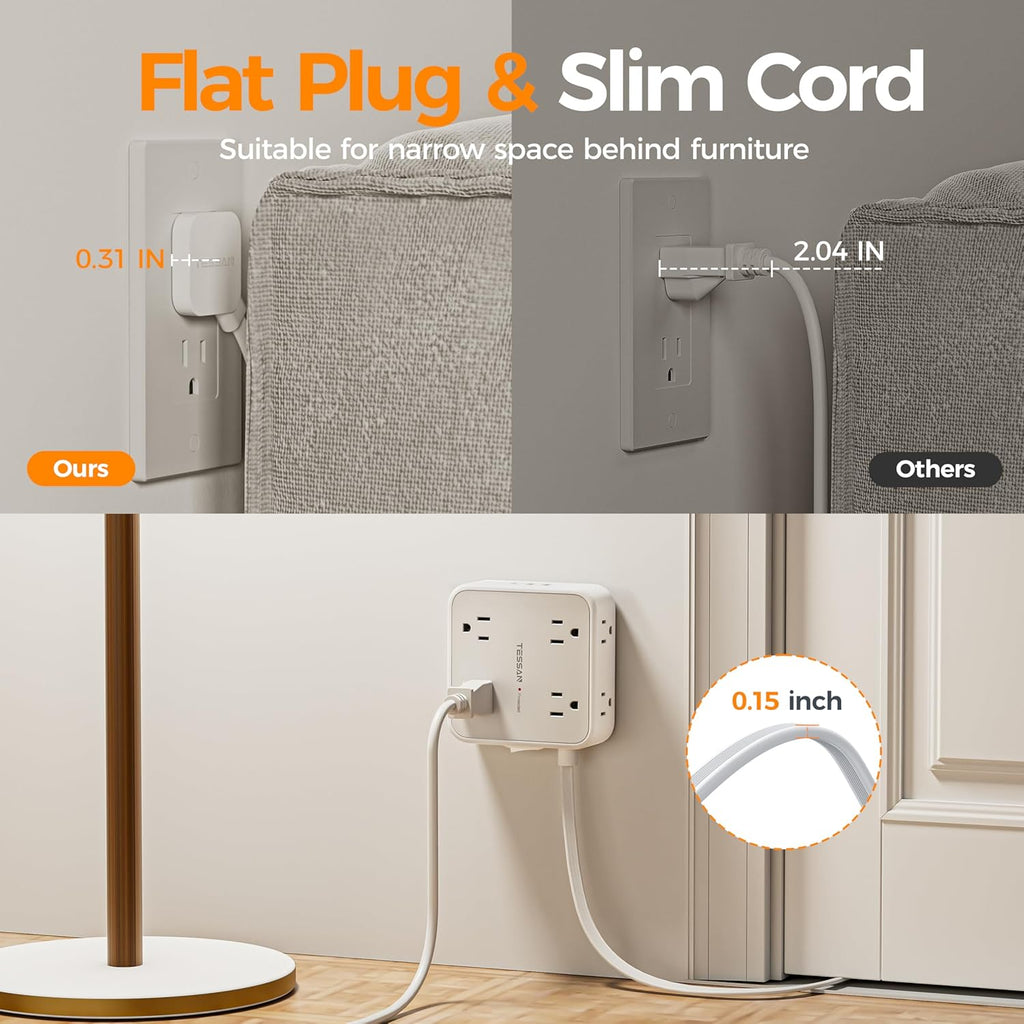 TESSAN Surge Protector Power Strip, 5 Ft Flat Plug Extension Cord with 3 USB (1 USB C) 8 Outlets, 900J Surge Protection, 3 Sided Outlet Extender with Power Switch for Office, Dorm Room Essentials