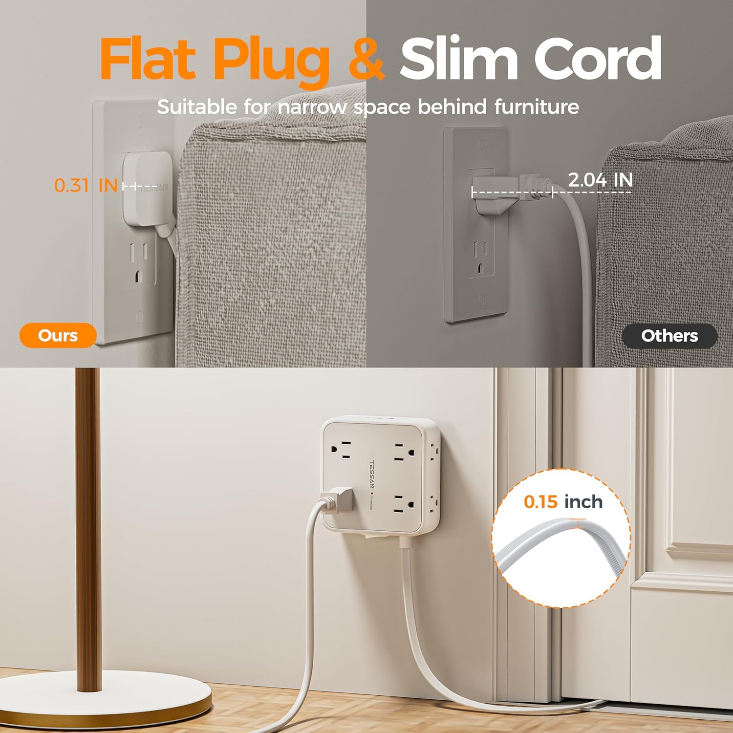 TESSAN Surge Protector Power Strip, 5 Ft Flat Plug Extension Cord with 3 USB (1 USB C) 8 Outlets, 900J Surge Protection, 3 Sided Outlet Extender with Power Switch for Office, Dorm Room Essentials