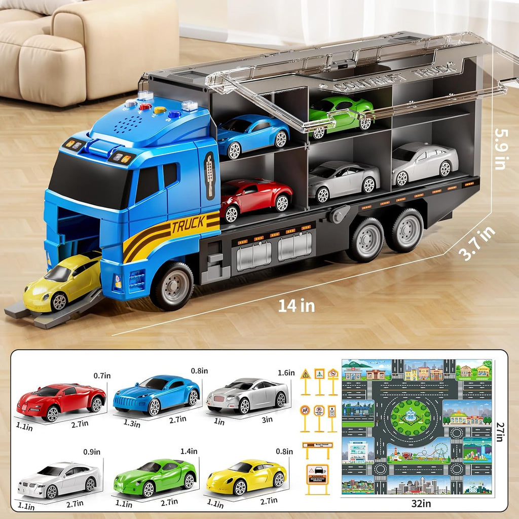 Toddler Boys Construction Truck Vehicle Toy Set with Play Mat and Die-Cast Toy Car, Transport Carrier Truck for Kids 3-5, Birthday Gifts Toys for 3-8 Year Old Boys