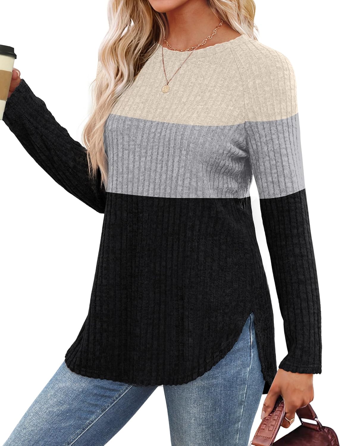 Saloogoe Long Sleeve Shirts for Women 2025 Fall Clothes Tunic Tops Loose Fit Dressy Crewneck Pullover Sweaters Curved Hem