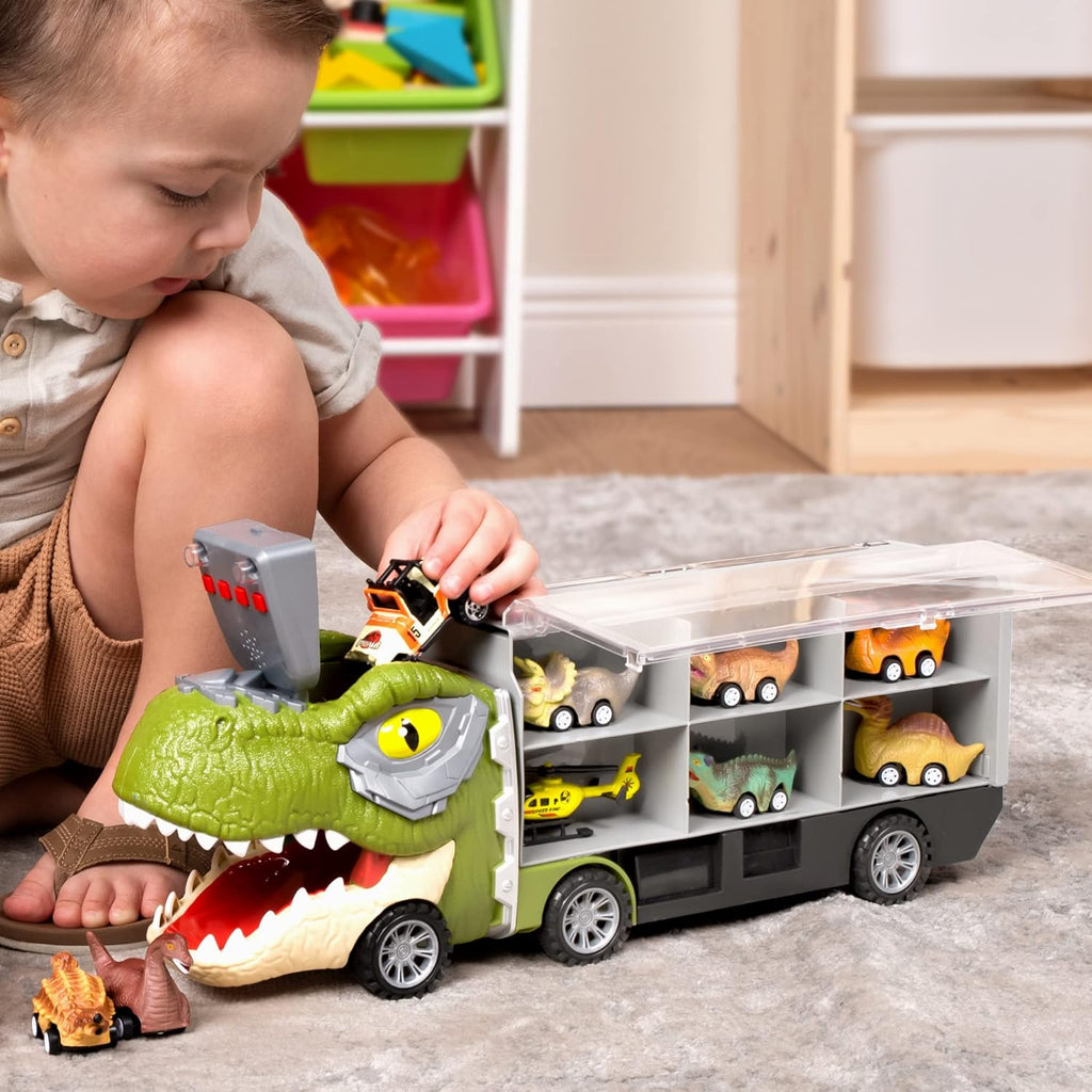 JOYIN 13 in 1 Dinosaur Toys for Kids 3-5, Dinosaur Truck with 12 Pull Back Cars, Birthday Gifts Toys for 3 4 5+ Year Old Boy, Transport Carrier Truck for Toddlers, Christmas Great Gifts for Grandkids