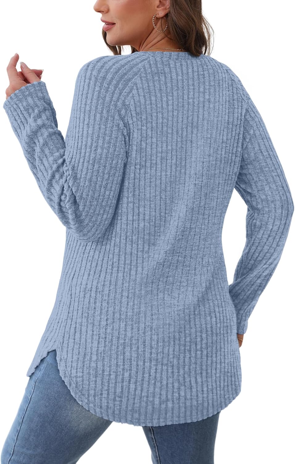 Saloogoe Long Sleeve Shirts for Women 2025 Fall Clothes Tunic Tops Loose Fit Dressy Crewneck Pullover Sweaters Curved Hem