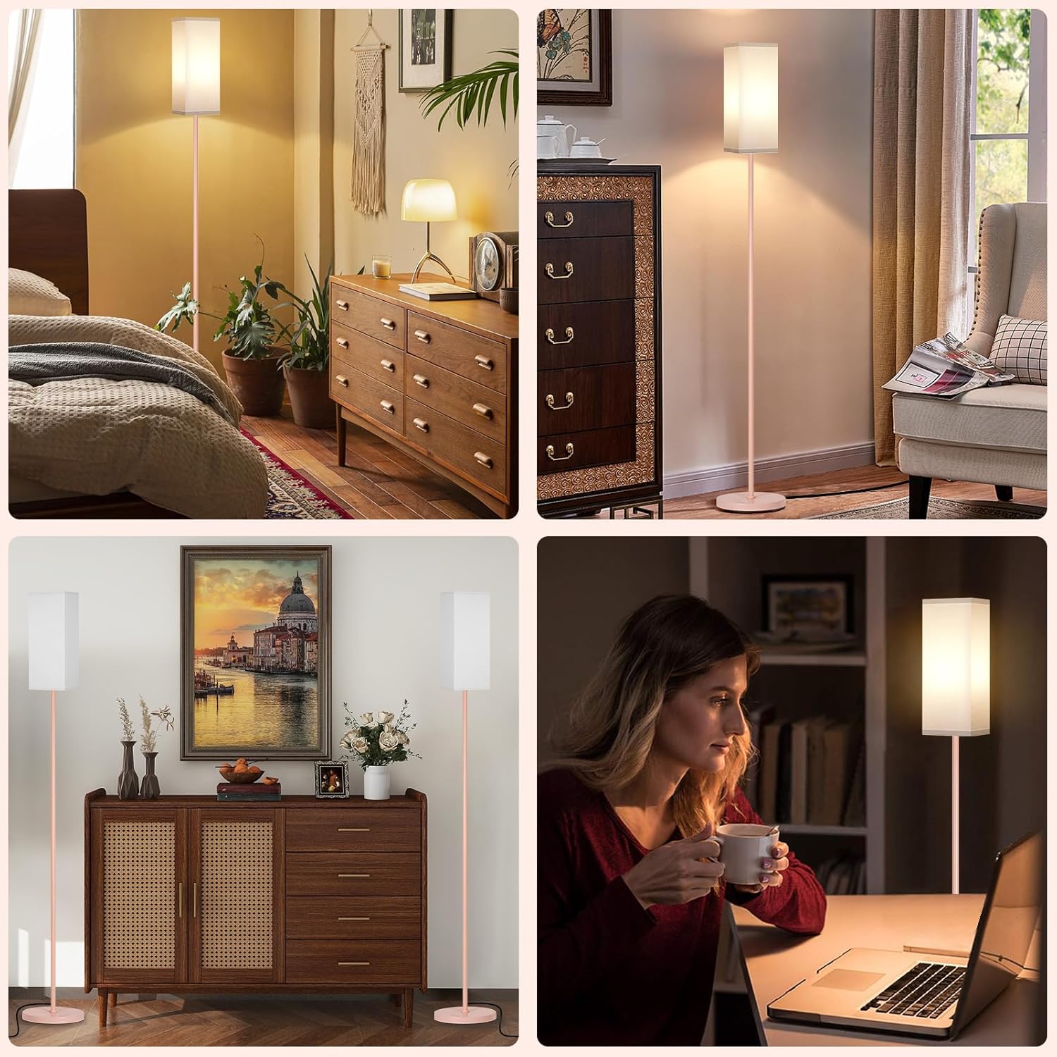 64.6" Floor Lamp, Pole with Foot Switch, Modern Standing Lamp Lampshade, Minimalist Freestanding Lamp (Bulb Not Included), for Living Room, Bedroom Office ETL Listed, Black and Beige E07LD05