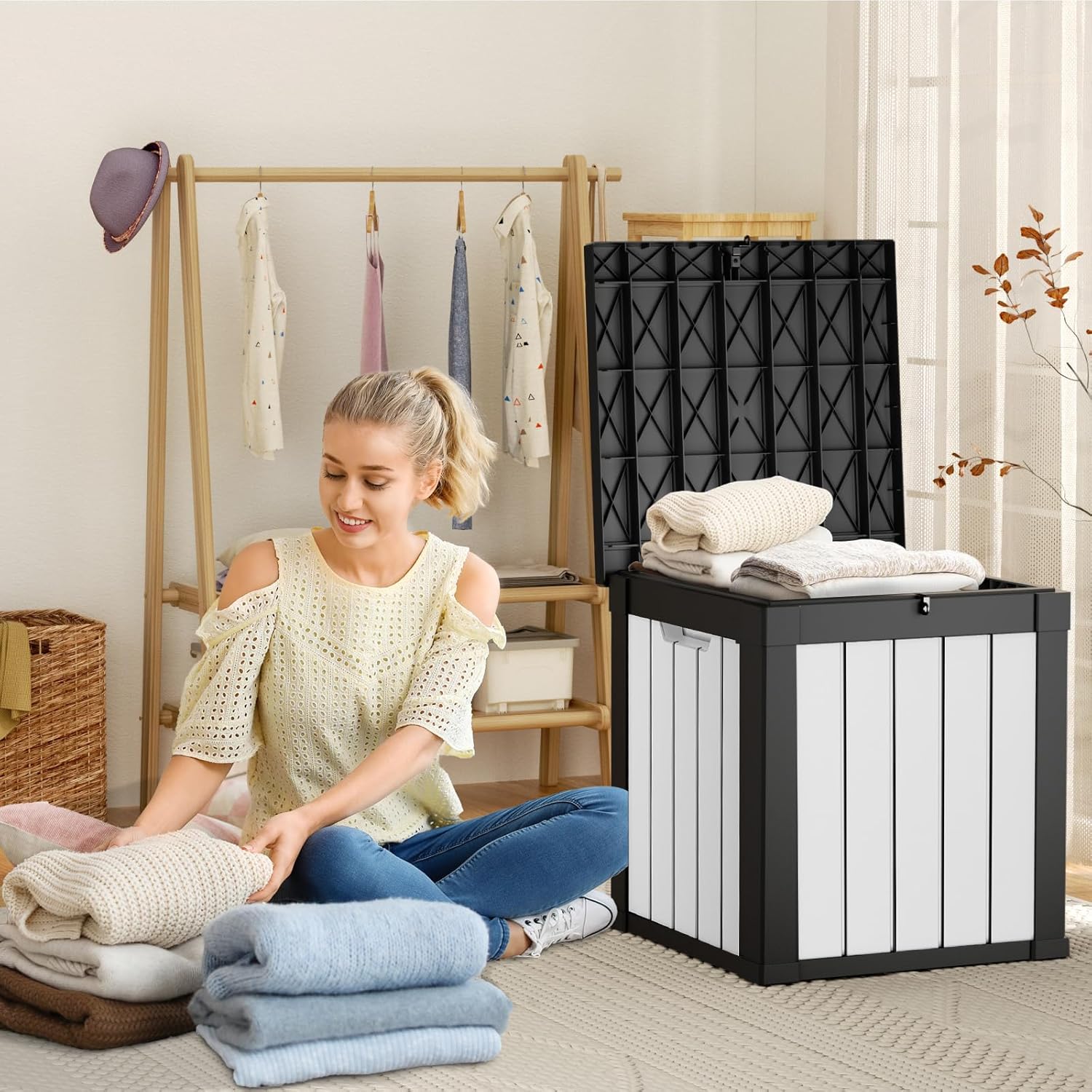 80 Gallon Resin Deck Box, Lockable Patio Outdoor Storage Box for Furniture, Garden Tools and Tools Storage, Waterproof Outside Storage Box - Black