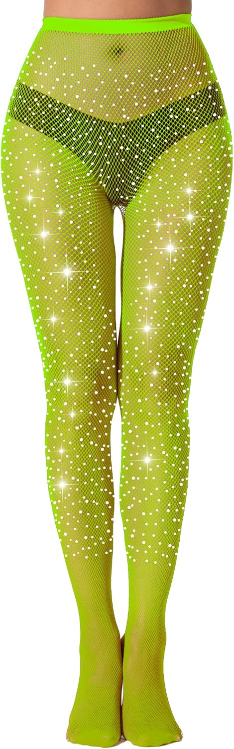 VEBZIN Sexy Sparkly Fishnets Stockings Jeweled High Waist Fishnet Tights for Women Rhinestone Party Pantyhose