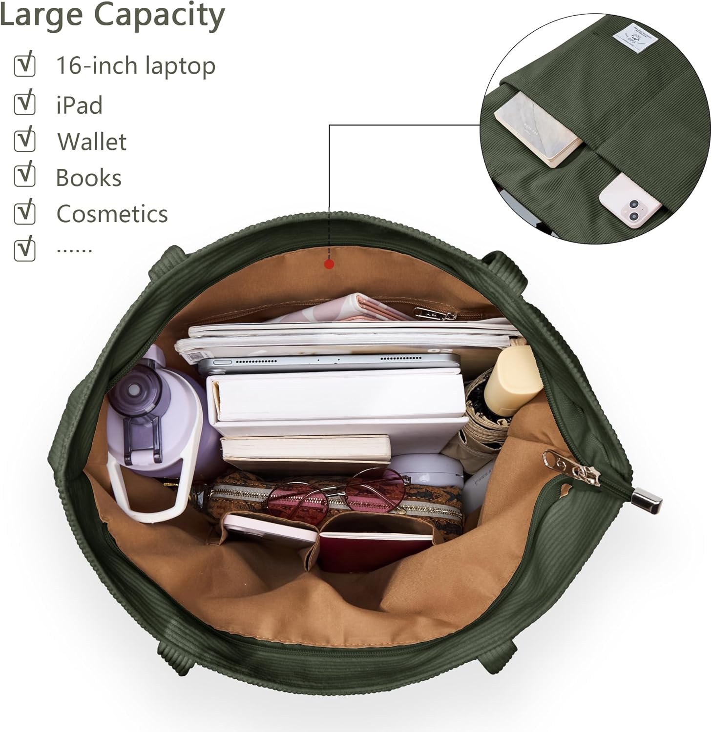 KALIDI Women Corduroy Tote Bag Zipper Casual Tote's Handbag Big Capacity Shoulder Bag with Pockets