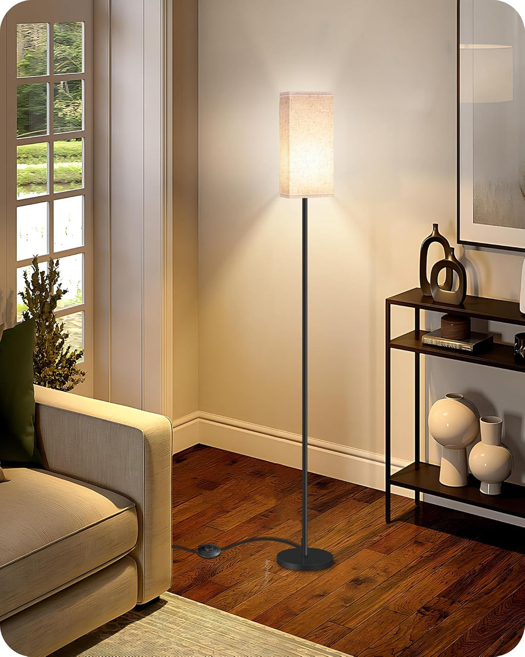 64.6" Floor Lamp, Pole with Foot Switch, Modern Standing Lamp Lampshade, Minimalist Freestanding Lamp (Bulb Not Included), for Living Room, Bedroom Office ETL Listed, Black and Beige E07LD05