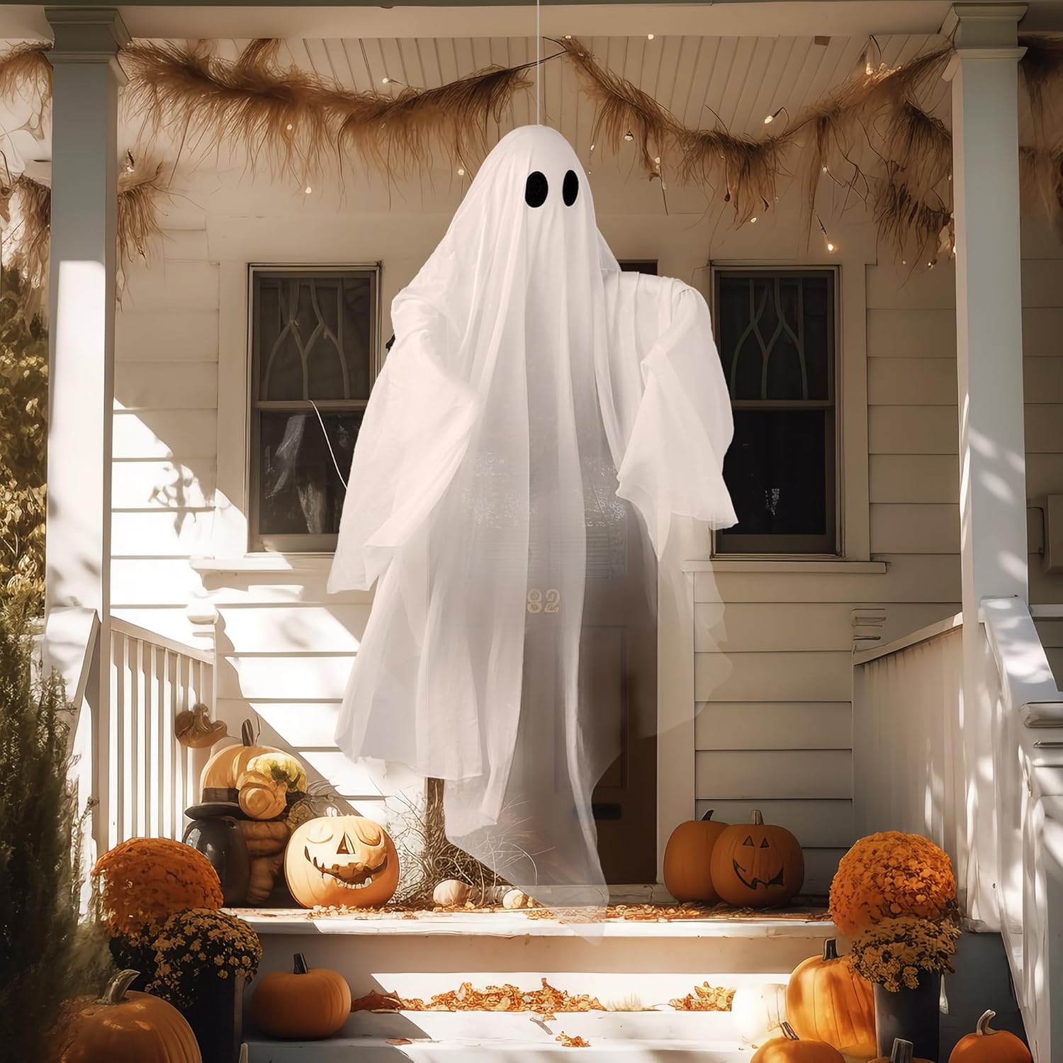 JOYIN Halloween Hanging Light up Ghost with Spooky Blue LED Light, 47” White Ghosts Halloween Hanging Decoration for Front Yard Patio Lawn Garden Party Decor Indoor Outdoor