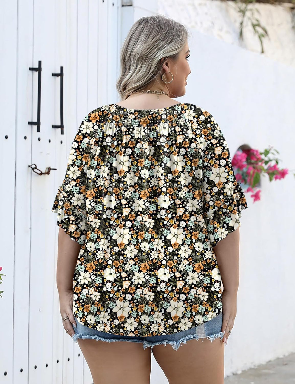 Micoson Womens Plus Size Tops 3/4 Ruffle Sleeve Shirts Crewneck Pleated Blouses Dressy Casual Fashion Tunic Top (1X-5X)