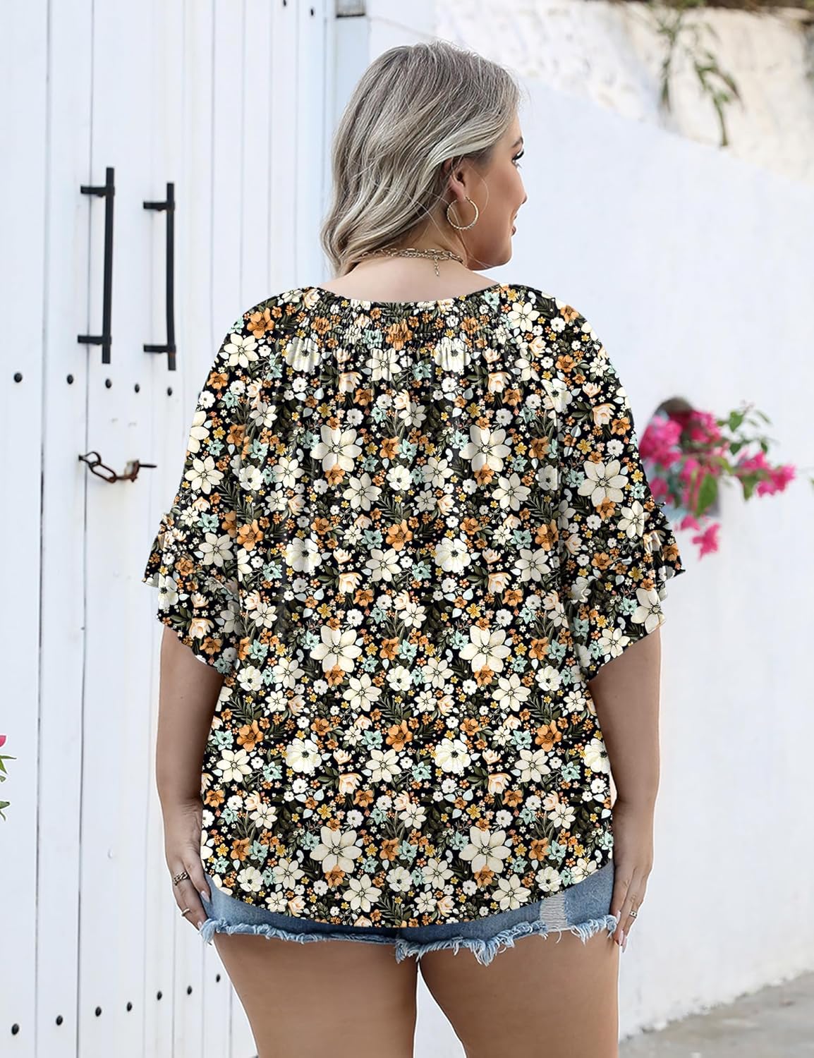 Micoson Womens Plus Size Tops 3/4 Ruffle Sleeve Shirts Crewneck Pleated Blouses Dressy Casual Fashion Tunic Top (1X-5X)