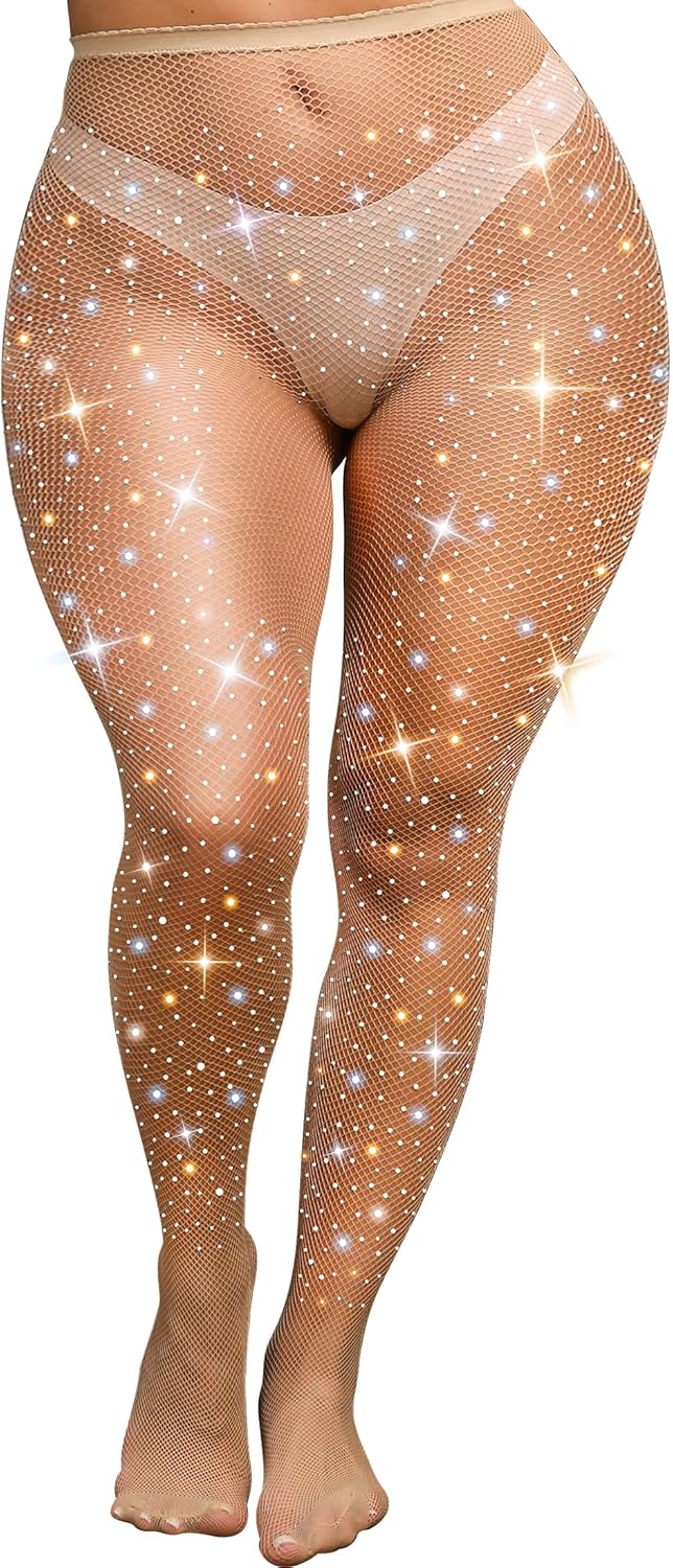 VEBZIN Sexy Sparkly Fishnets Stockings Jeweled High Waist Fishnet Tights for Women Rhinestone Party Pantyhose