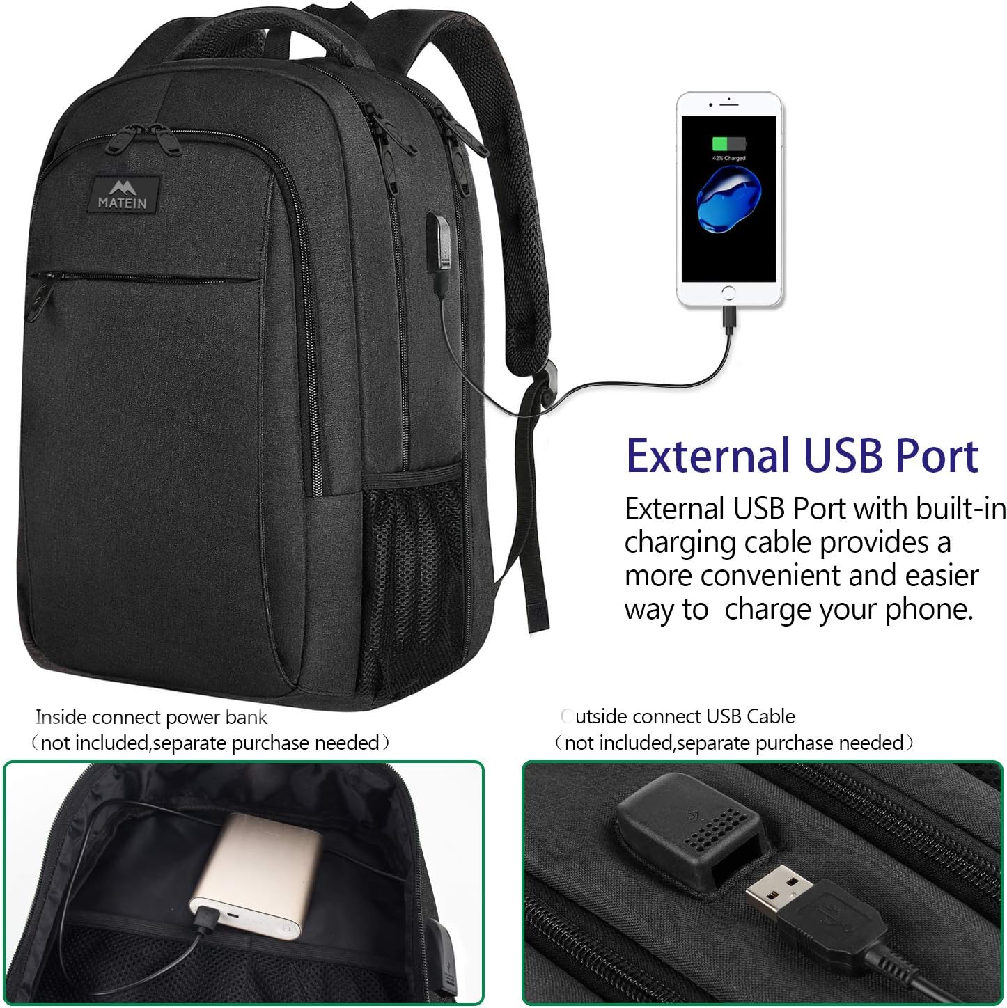 MATEIN Travel Laptop Backpack, Business Anti Theft Slim Sturdy Laptops Backpack with USB Charging Port, Water Resistant College School Computer Bag Gift for Men & Women Fits 15.6 Inch Notebook, Grey