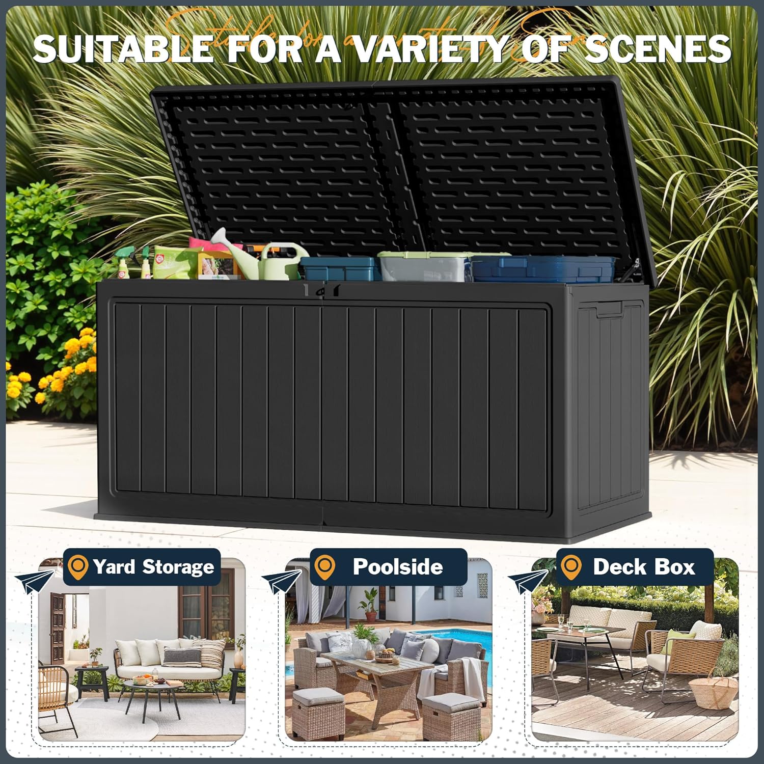 Greesum 31 Gallon Resin Deck Box Large Outdoor Storage for Patio Furniture, Garden Tools, Pool Supplies, Weatherproof and UV Resistant, Lockable, Dark Black