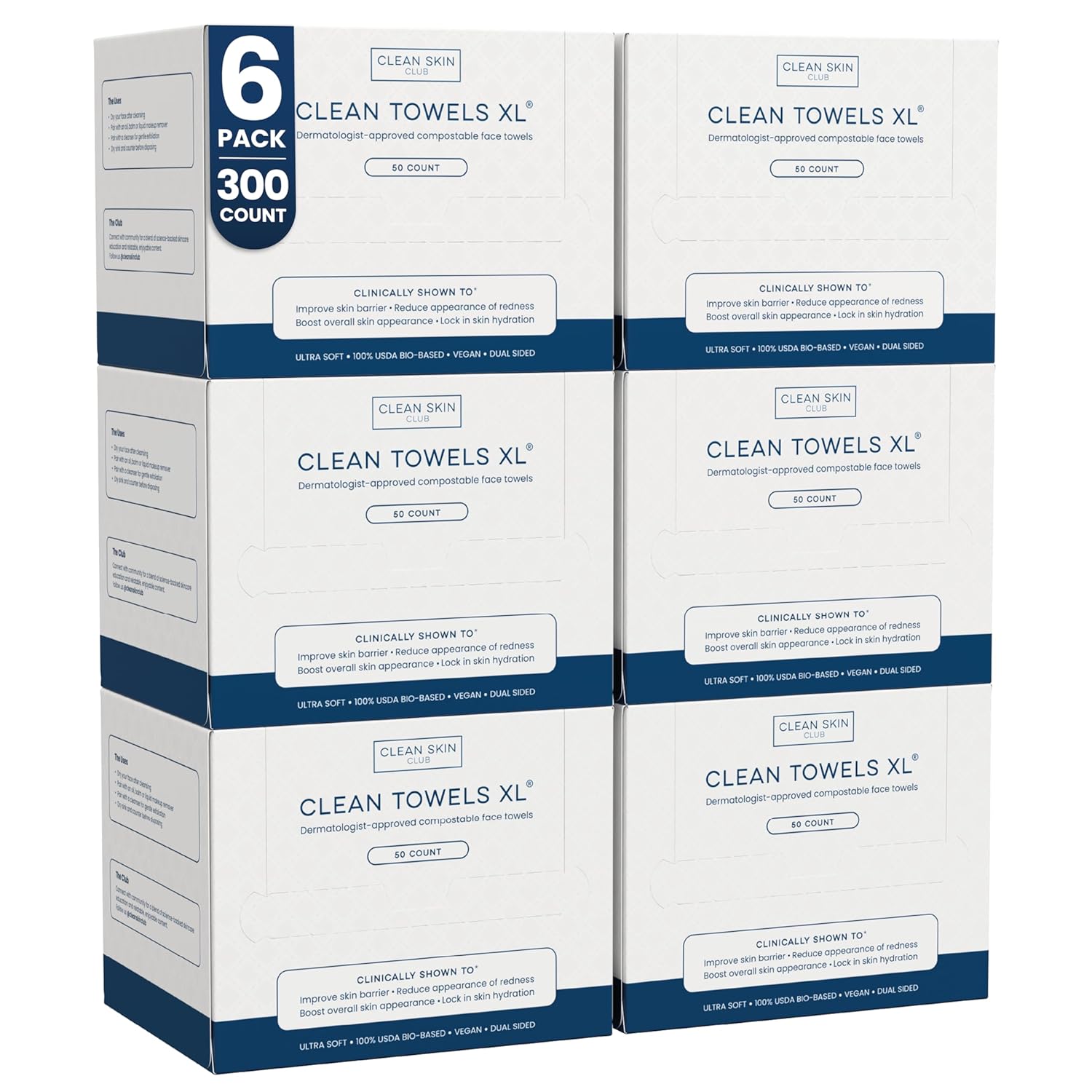 Clean Skin Club Clean Towels XL, 100% USDA Biobased Face Towel, Disposable Face Towelette, Eczema Association Accepted, Makeup Remover Dry Wipes, Ultra Soft, 1 Pack, 50 Ct