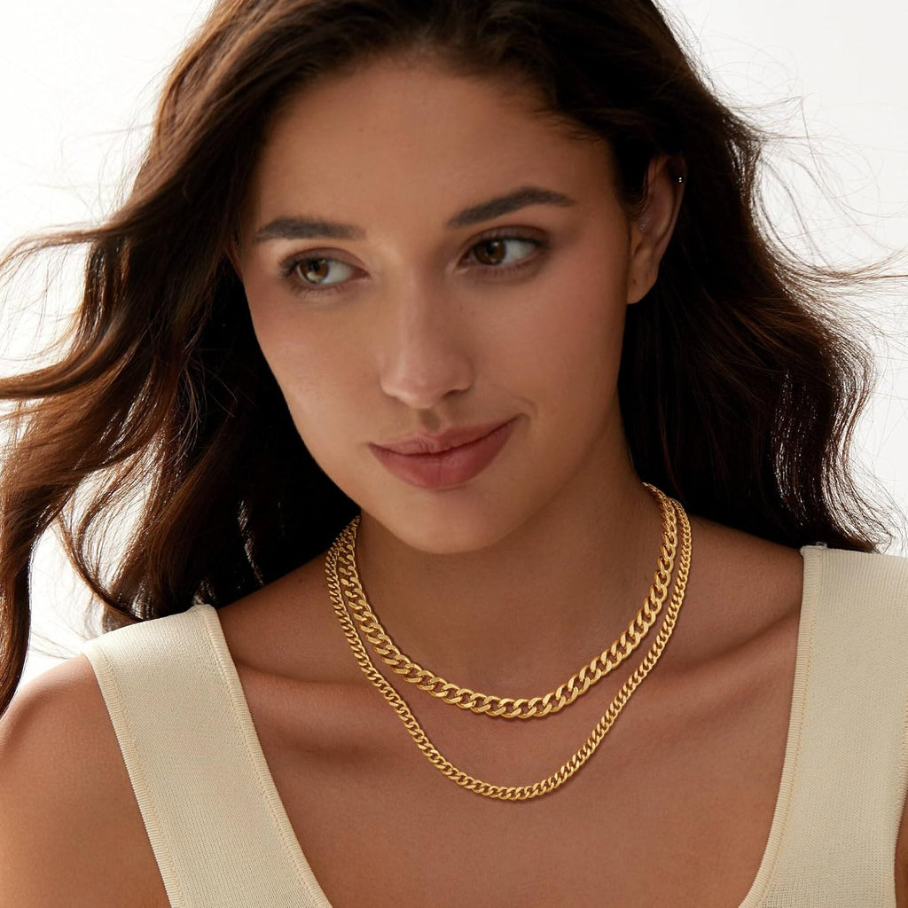 Moodear Gold Necklace for Women Dainty Chunky 14K Gold Plated/Sliver Plated Chain Necklace Cuban Link Paperclip Chain Choker Toggle Clasp Layered Necklace for Women Trendy Fashion Gift