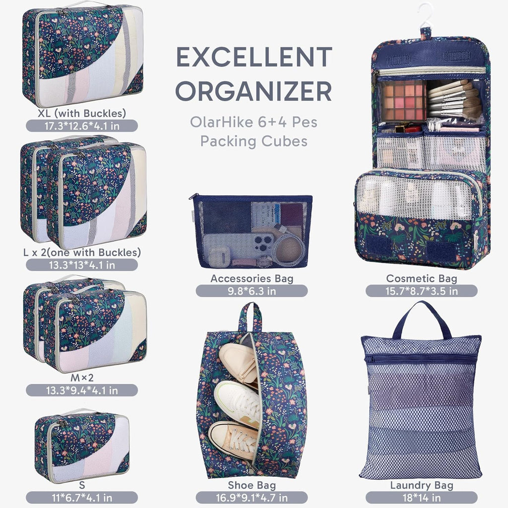 10 Set/8 Set Packing Cubes for Travel, Gifts for Women Mom,Anti-Tearing Suitcase Organizer for Luggage with Shoe & Hanging Toiletry Bag,OlarHike Vacation Essentials & Accessories for Cruise Ship,Cream