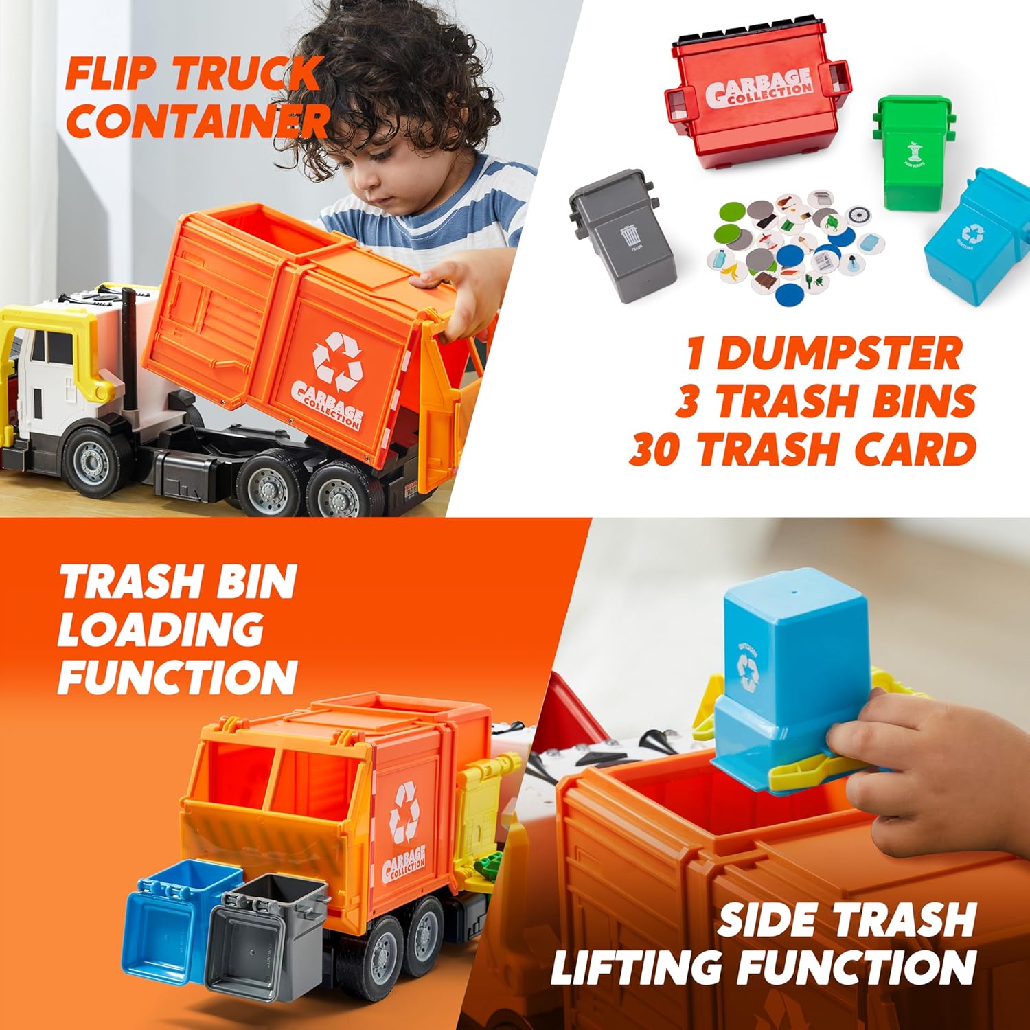 JOYIN Large Friction Powered Garbage Truck Toy Set, Includes Dumpster, Trash Bins, and Learning Cards for Kids, Boy Toys Birthday Gift for Boys Girls Kids Toddler Gift for Christmas