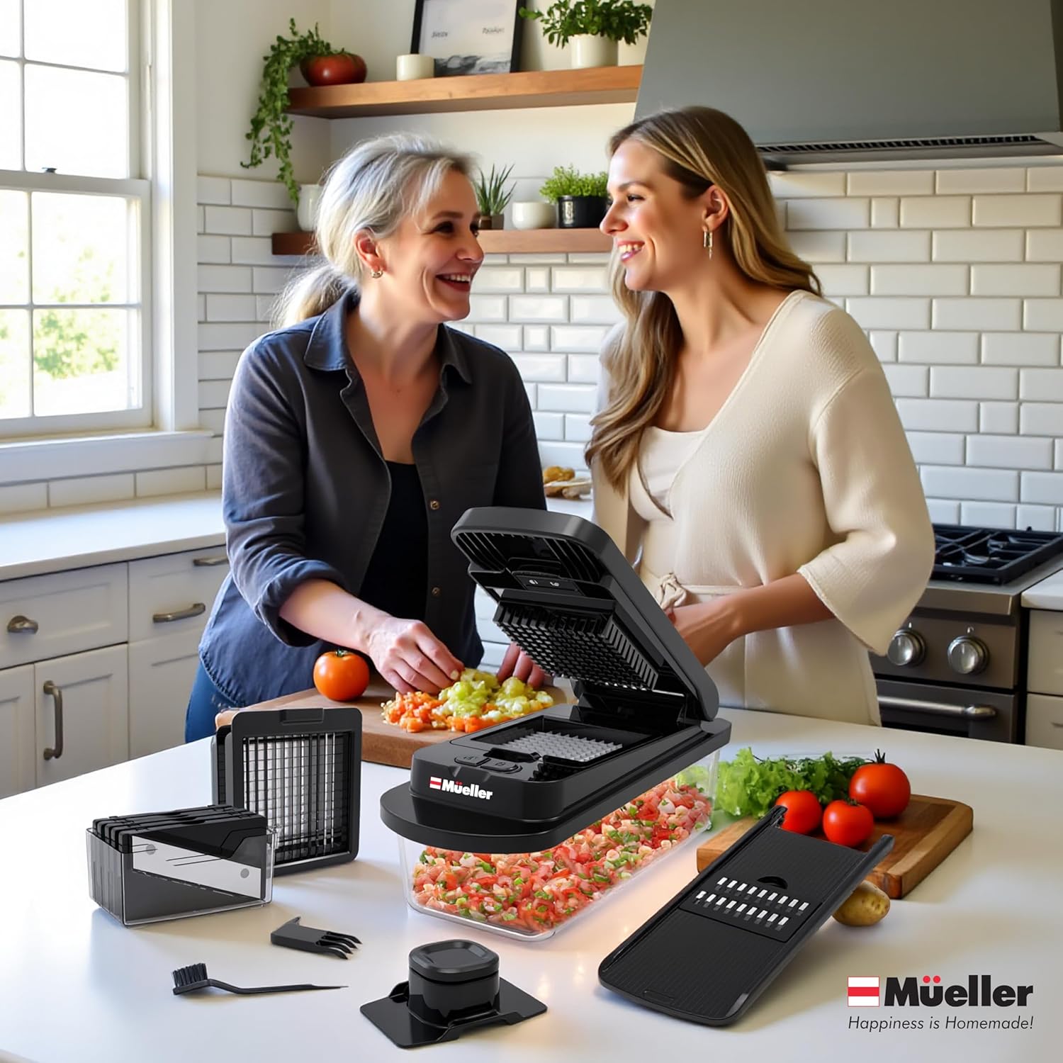 Mueller Pro-Series All-in-One, 12 Blade Mandoline Slicer for Kitchen, Food Chopper, Vegetable Slicer and Spiralizer, Cutter, Dicer, Grater, Kitchen Gadgets Sets with Container, White Sand/Gray