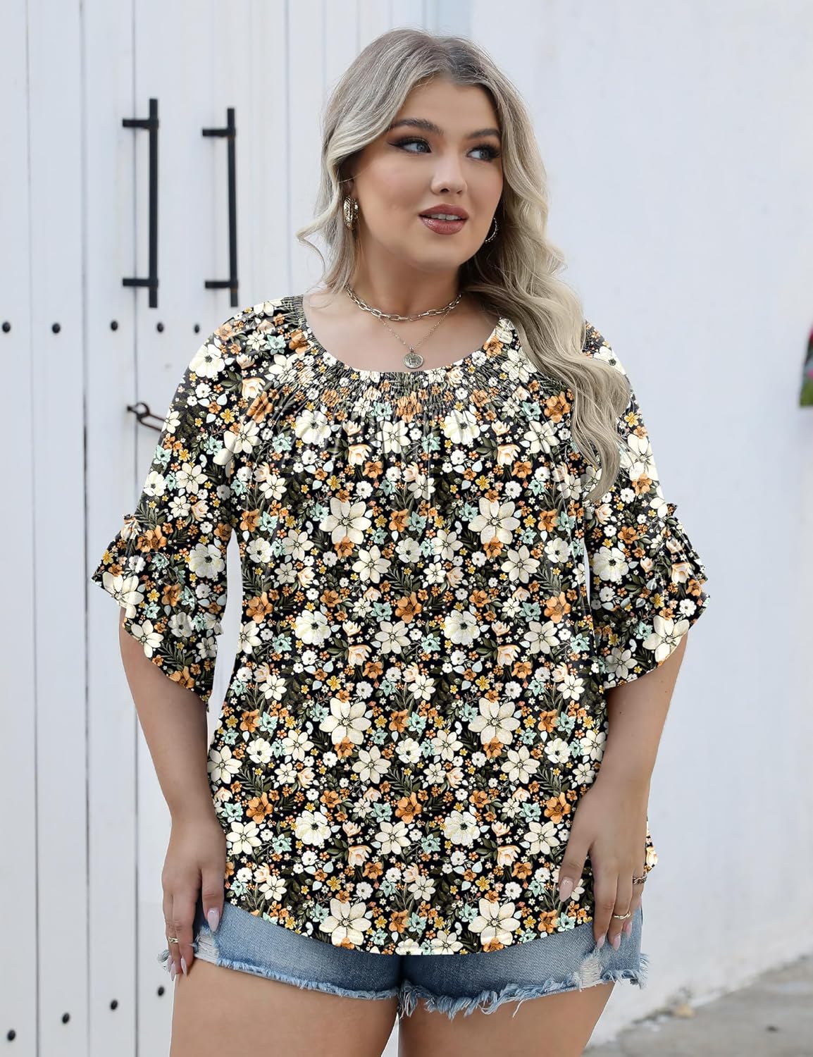 Micoson Womens Plus Size Tops 3/4 Ruffle Sleeve Shirts Crewneck Pleated Blouses Dressy Casual Fashion Tunic Top (1X-5X)